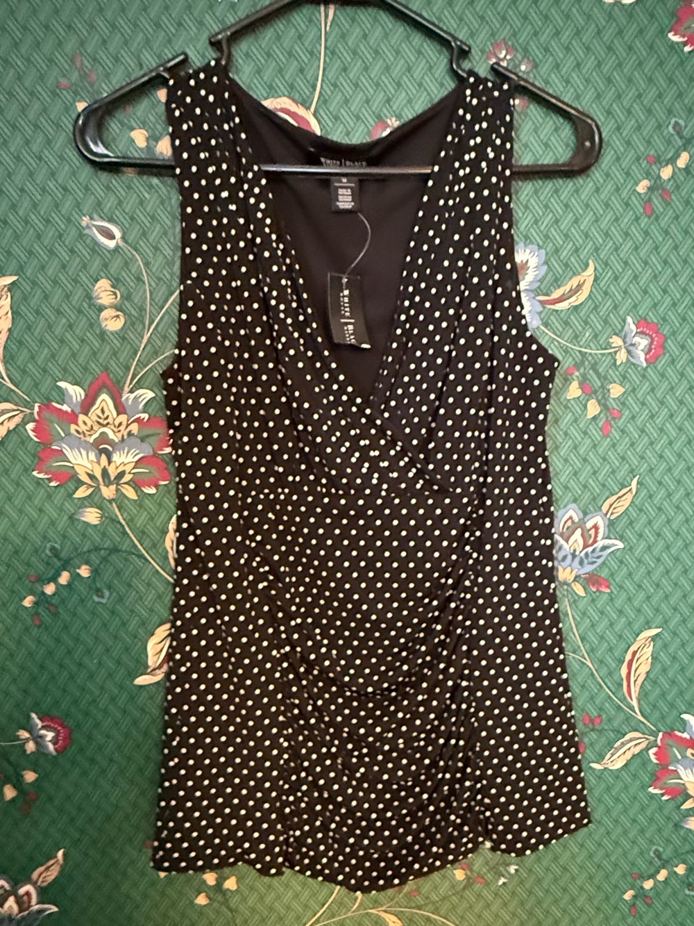 White House Black Market Black Polka Dot Surplice Sleeveless Top
